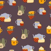 Seamless pattern of colorful teapots, cups and desserts on purple background. Kitchen utensil background. vector