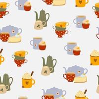 Seamless pattern of colorful teapots, cups and desserts on white background. Kitchen utensil background. vector