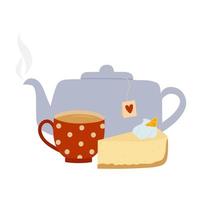 Blue teapot, red cup and cheesecake. Kitchen utensil for tea or coffee. Hand drawn doodle style design. vector