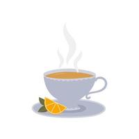 Cup of tea and saucer with lemon slice and leaves. Hand drawn doodle style design. vector