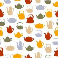 Teapots and kettles seamless pattern. Colorful objects on white background. Kitchen utensil background. Doodle style vector