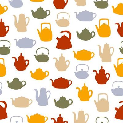 Teapots and kettles seamless pattern. Colorful objects on white background. Kitchen utensil background. Doodle style