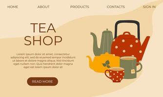 Tea shop landing page with colorful cups and teapots. Template for poster, banner, flyer, menu vector