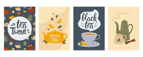 Set of posters with cups and teapots and hand drawn lettering texts. Template for poster, banner, card, flyer vector