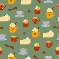 Seamless pattern of colorful cups and desserts on green background. Kitchen utensil background. vector