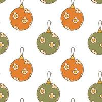 Hippie Christmas groovy seamless pattern with cartoon christmas tree balls on white background in retro style 1960s - 1970s vector