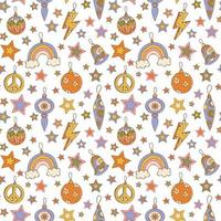Hippie Christmas groovy seamless pattern with cartoon christmas tree toys on white background in retro style 1960s - 1970s vector