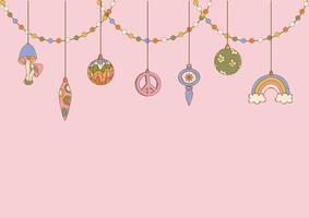 Background with Christmas tree toys in hippie style. Flat vector illustration