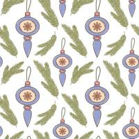 hippie navidad groovy de patrones sin fisuras con juguetes de árbol de navidad de dibujos animados y ramas de abeto sobre fondo blanco en estilo retro 1960 - 1970 vector