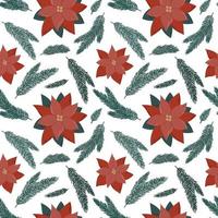 Seamless pattern of Christmas poinsettia and branches of christmas tree on white background vector