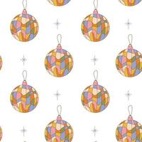 Hippie Christmas groovy seamless pattern with cartoon christmas balls on white background in retro style 1960s - 1970s vector