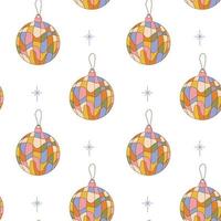 Hippie Christmas groovy seamless pattern with cartoon christmas balls on white background in retro style 1960s - 1970s vector