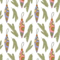 Hippie Christmas groovy seamless pattern with cartoon christmas tree toys and fir branches on white background in retro style 1960s - 1970s vector