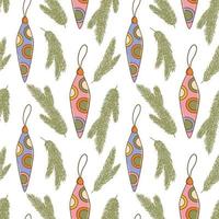 Hippie Christmas groovy seamless pattern with cartoon christmas tree toys and fir branches on white background in retro style 1960s - 1970s vector