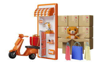 téléphone portable orange ou smartphone avec devanture de magasin, sacs en papier commercial, boîte en carton de marchandises, scooter isolé. entreprise de franchise, concept d'achat en ligne, illustration 3d, rendu 3d png