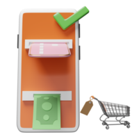 mobile phone, smartphone with banknote, check mark, credit card, shopping cart isolated. withdrawal cash with atm machine transaction concept, 3d illustration, 3d render png
