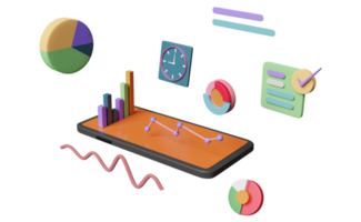 diagram och Graf med mobil telefon, smartphone, kolla upp, analys företag finansiell data, tid klocka isolerat. uppkopplad marknadsföring företag strategi begrepp, 3d illustration eller 3d framställa png