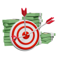 White red target with darts or arrow, pile dollar banknote isolated. business goal concept, 3d illustration or 3d render png