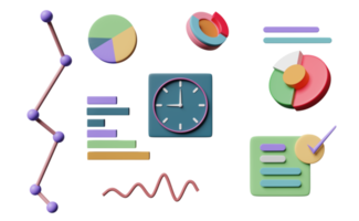 diagramme und grafiken mit analysegeschäftsfinanzdaten, online-marketing, scheck, zeitschaltuhr isoliert, geschäftsstrategiekonzept, 3d-illustration oder 3d-rendering png