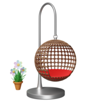 Hanging chair with flower pot isolated. furniture egg shaped design,3d illustration or 3d render png