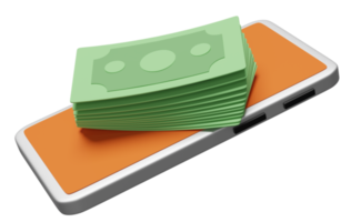 Orangefarbenes Mobiltelefon, Smartphone mit Banknote isoliert. internet-banking, online-shopping-konzept, 3d-illustration oder 3d-rendering png