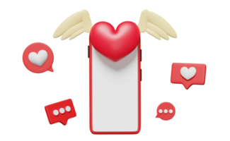 3d mobile Telefono, smartphone con piace rosso cuore, sociale media, piace notifiche, cuore e Ali isolato. Salute amore, mondo cuore giorno, San Valentino giorno concetto, 3d rendere illustrazione png