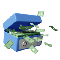 coffre-fort plein ou tirelire de pile de billets en dollars isolé. concept de financement bancaire d'investissement ou d'entreprise, illustration 3d, rendu 3d png