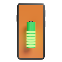 chargement de smartphone ou de téléphone portable avec indicateur de charge de batterie isolé. concept de technologie de batterie de charge, illustration 3d, rendu 3d png