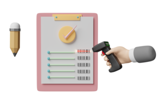 check list with hands holding barcode scanner, clipboard, check mark isolated. concept 3d illustration or 3d render png