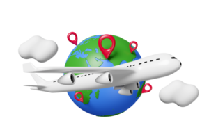 reiseweltkarte mit passagierflugzeug, pin, wolke isoliert. luftfrachttransporte, weltreisekonzept, 3d-illustration oder 3d-rendering png