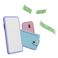 plånbok med mobil telefon, smartphone, kreditera kort, sedel isolerat. sparande pengar begrepp, 3d illustration eller 3d framställa png