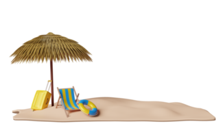 viagens de verão com mala, guarda-chuva, bóia salva-vidas, cadeira de praia, à beira-mar isolada. ilustração 3d do conceito ou renderização em 3d png