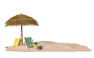 sommerreise mit koffer, regenschirm, rettungsring, strandkorb, am meer isoliert. konzept 3d-illustration oder 3d-rendering png