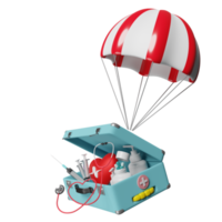 parachute with first aid kit, stethoscope, syringe, red heart and blood pressure heart rate isolated. health love or world heart day concept, 3d illustration or 3d render png