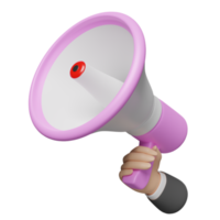 Manos de hombre de negocios 3d con megáfono rosa o altavoz de mano aislado. compras de marketing en línea, noticias de promoción para el concepto de redes de medios sociales, ilustración de renderizado 3d png