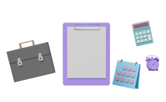 lista de verificación vacía, portapapeles púrpura maqueta con maletín, calculadora, calculadora aislada. concepto de ilustración 3d o renderizado 3d png