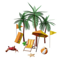 viaje de verano con maleta, silla de playa, sombrilla, coco, palmera, cangrejo, pelota, bandera, estrella de mar aislada. concepto de ilustración 3d o renderizado 3d