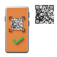 orange mobil telefon eller smartphone med streckkod, qr koda läser in, kolla upp mark isolerat. uppkopplad handla begrepp, 3d illustration, 3d framställa png