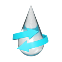 3D-Wassertropfen-Symbol mit Pfeilen um isoliert. Wasserkreislauf- und Recyclingsystem, 3D-Darstellung oder 3D-Rendering png