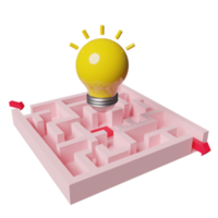 labyrinthe avec flèche, ampoule jaune isolée. trouver une solution, concept de stratégie d'entreprise, illustration 3d, rendu 3d png