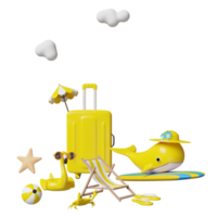 voyage d'été avec valise jaune, chaise de plage, lunettes de soleil, appareil photo, parapluie, flamant rose gonflable, sandales, chapeau, crabe, baleine, planche de surf isolée. concept illustration 3d, rendu 3d png