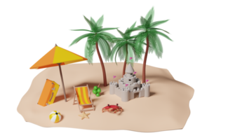 summer travel with suitcase, sand castle, island, umbrella, coconut, palm tree, sea, beach chair, crab, ball, dolphin, concept 3d illustration or 3d render png
