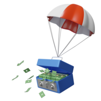 parachute with safe box full or piggy bank of pile dollar banknote isolated. investment or business banking finance concept, 3d illustration, 3d render png