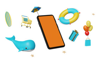 Telefone celular 3D, smartphone com guarda-chuva, balão, estrela do mar, carrinho, sacolas de compras, boia salva-vidas, prancha de surfe, baleia, caixa de presente isolada. conceito de venda de verão de compras on-line, ilustração de renderização 3d png