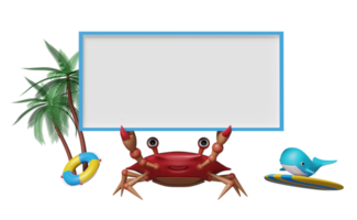 Viagem de verão 3d com modelo, palmeira, baleia, caranguejo, bóia salva-vidas isolada. conceito de venda de verão comercial, ilustração de renderização 3d png