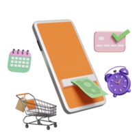 mobiel telefoon, smartphone met bankbiljet, controleren markering, credit kaart, boodschappen doen kar, kalender, klok geïsoleerd. opname contant geld met Geldautomaat machine transactie concept, 3d illustratie, 3d geven png