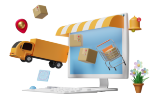 3d computer monitor with shopping cart,truck, pin, goods cardboard box, bell isolated. Online delivery, online order tracking concept, 3d render illustration png