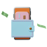 brieftasche und orangefarbenes handy, smartphone mit banknote, kreditkarte isoliert. Sparkonzept, 3D-Illustration, 3D-Rendering png