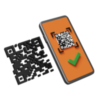 celular laranja ou smartphone com código de barras, digitalização de código qr, marca de seleção isolada. conceito de compras online, ilustração 3d, renderização 3d png