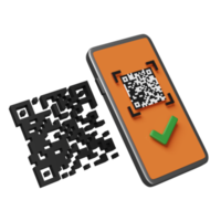 orange mobile phone or smartphone with barcode, qr code scanning, check mark isolated. online shopping concept, 3d illustration, 3d render png